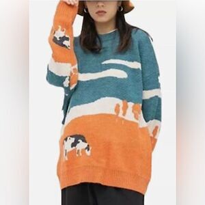 Aelfric Eden vintage Prairie Cow oversized Knit Sweater unisex Size large